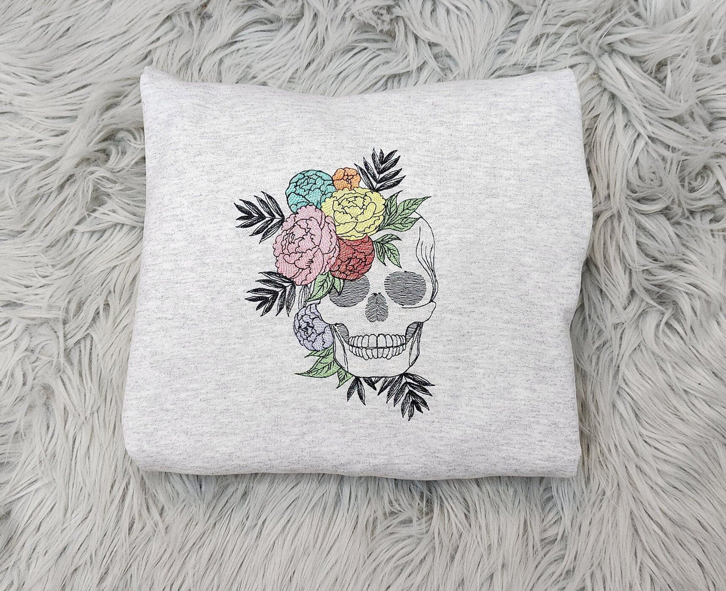 Blooming Skull Embroidered Crewneck - Flower Skull - Embroidered Floral Boho Skull  - T-Shirt - Sweatshirt - Hoodie