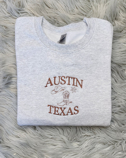 Embroidered Austin Texas Crewneck Sweatshirt or Hooded Sweatshirt - Texas Sweatshirt  - Embroidered gift