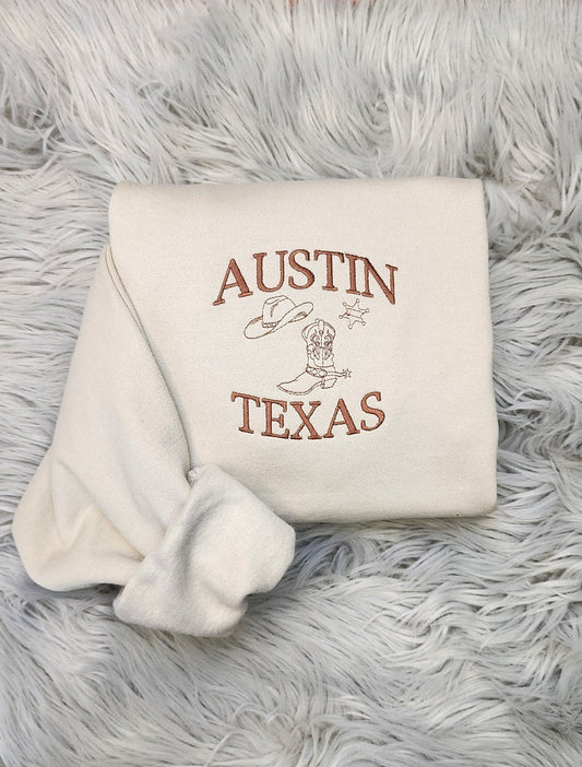 Embroidered Austin Texas Crewneck Sweatshirt or Hooded Sweatshirt - Texas Sweatshirt  - Embroidered gift