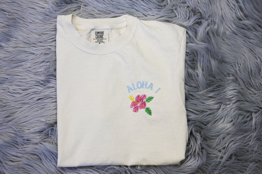 Embroidered Aloha Hawaii Hibiscus flower - Pocket Logo - Hawaii embroidered Unisex T-shirt, Aloha Shirt - Comfort Colors