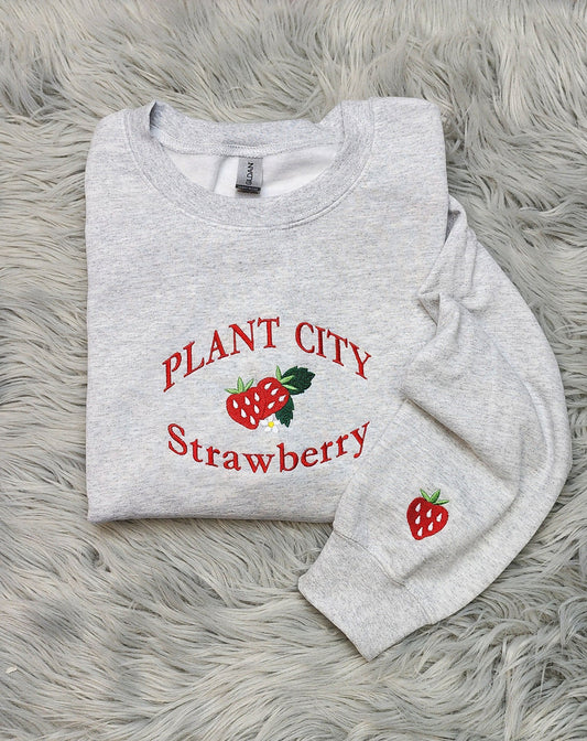 Embroidered Plant City Strawberry Sweatshirt - With Mini Sleeve Strawberry Embroidery - Florida Festival Unisex Sweatshirt