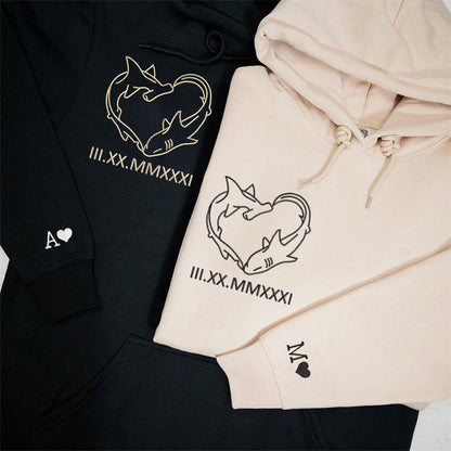 Custom Embroidered Shark Love Roman Numeral Matching Hoodies for Couples