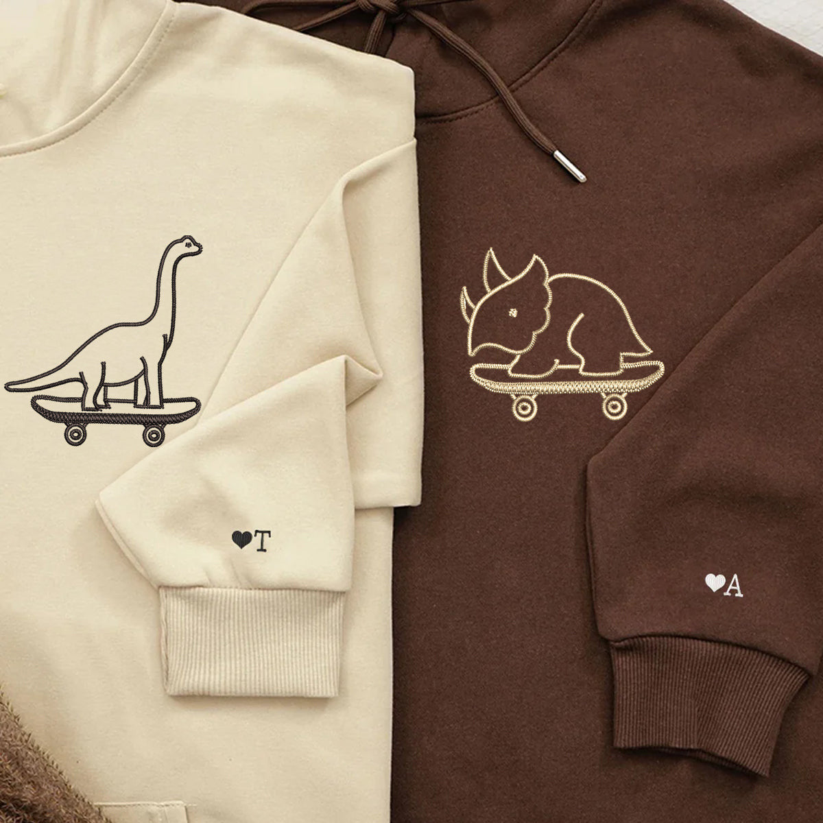 Custom Embroidered Cute Dinosaurs Skaters Matching Hoodies for Couples