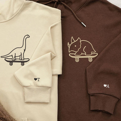 Custom Embroidered Cute Dinosaurs Skaters Matching Hoodies for Couples