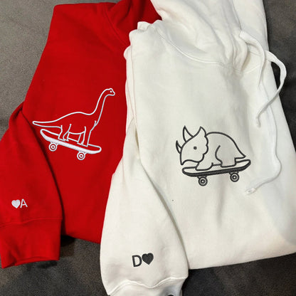 Custom Embroidered Cute Dinosaurs Skaters Matching Hoodies for Couples