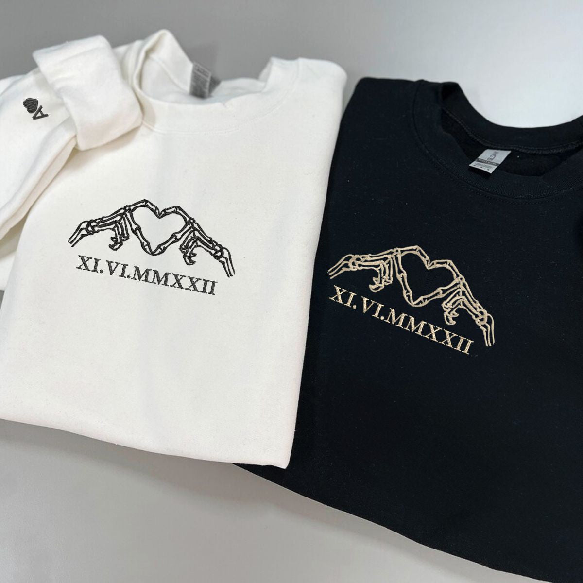 Custom Embroidered Skeleton Heart Roman Numeral Matching Hoodies for Couples
