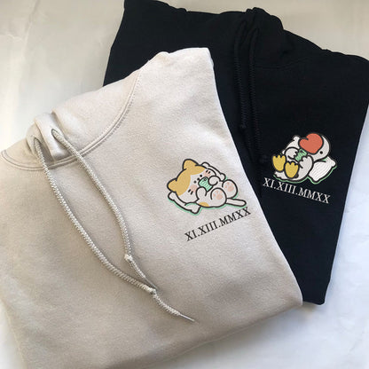 Cat x Cute Goose Custom Roman Numeral Matching Embroidered Hoodies For Couples