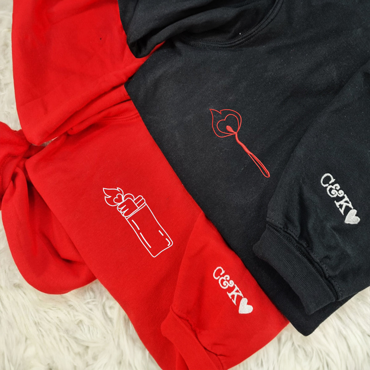 Custom Embroidered Lighter and Fire Matching Hoodies for Couples