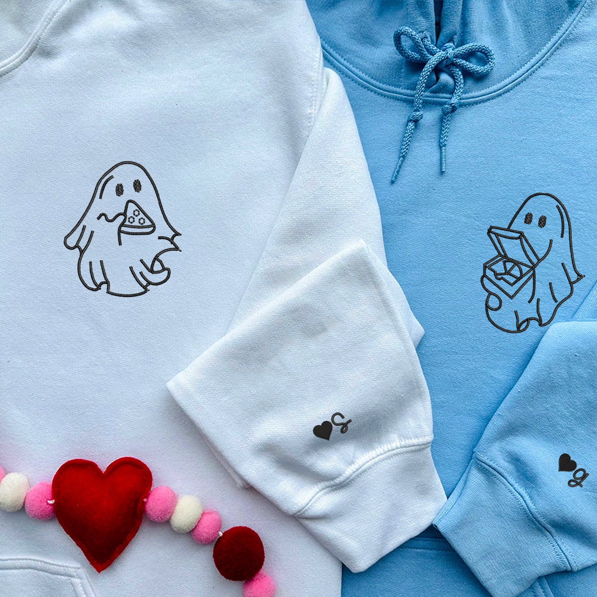 Custom Embroidered Pizza Loving Ghost Matching Hoodies for Couples