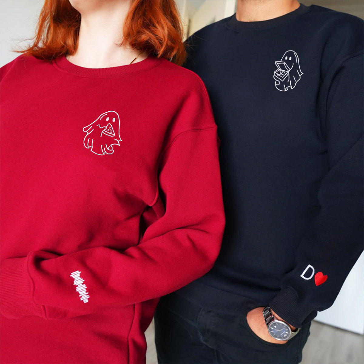 Custom Embroidered Pizza Loving Ghost Matching Hoodies for Couples