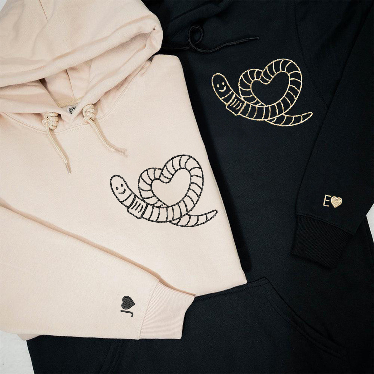 Custom Embroidered Worm Heart Matching Hoodies for Couples