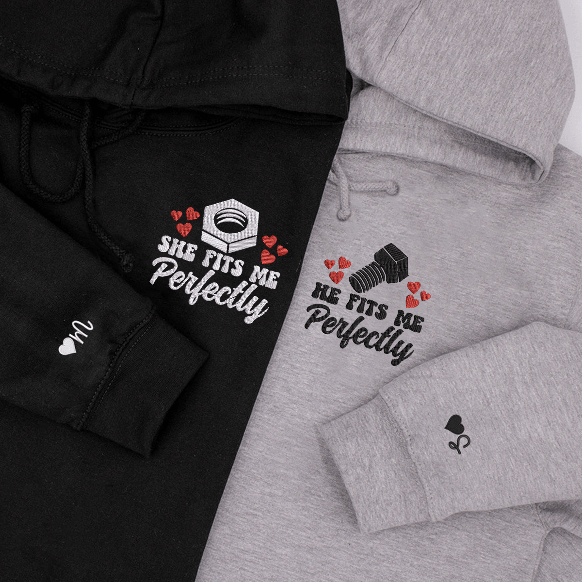 Personalized He Fits Me Perfectly Matching Embroidered Hoodies for Couple
