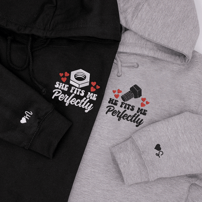 Personalized He Fits Me Perfectly Matching Embroidered Hoodies for Couple