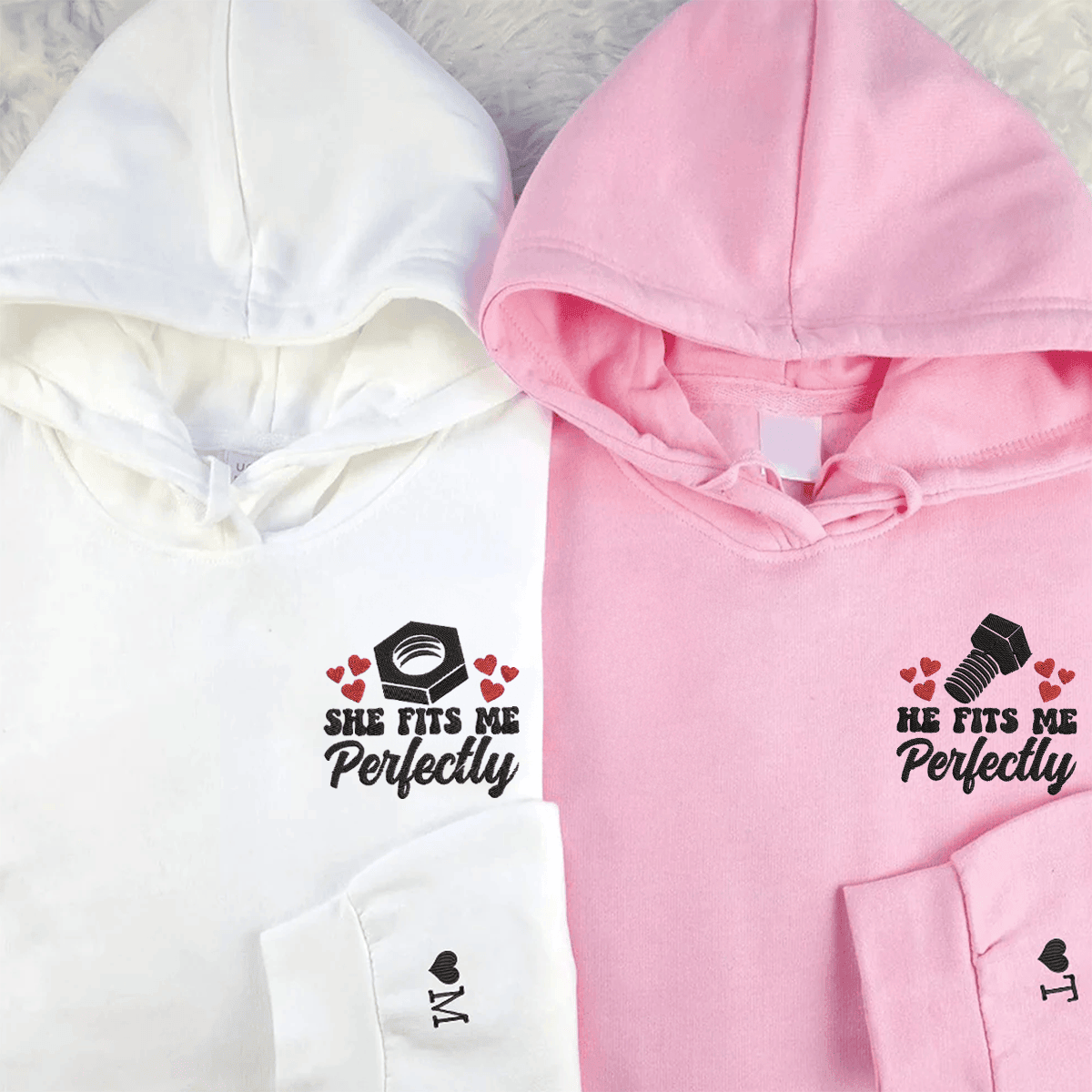 Personalized He Fits Me Perfectly Matching Embroidered Hoodies for Couple