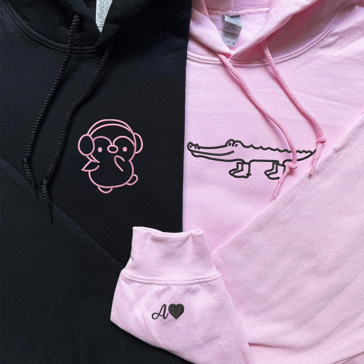 Custom Embroidered Crocodile & Penguin Matching Hoodies for Couples