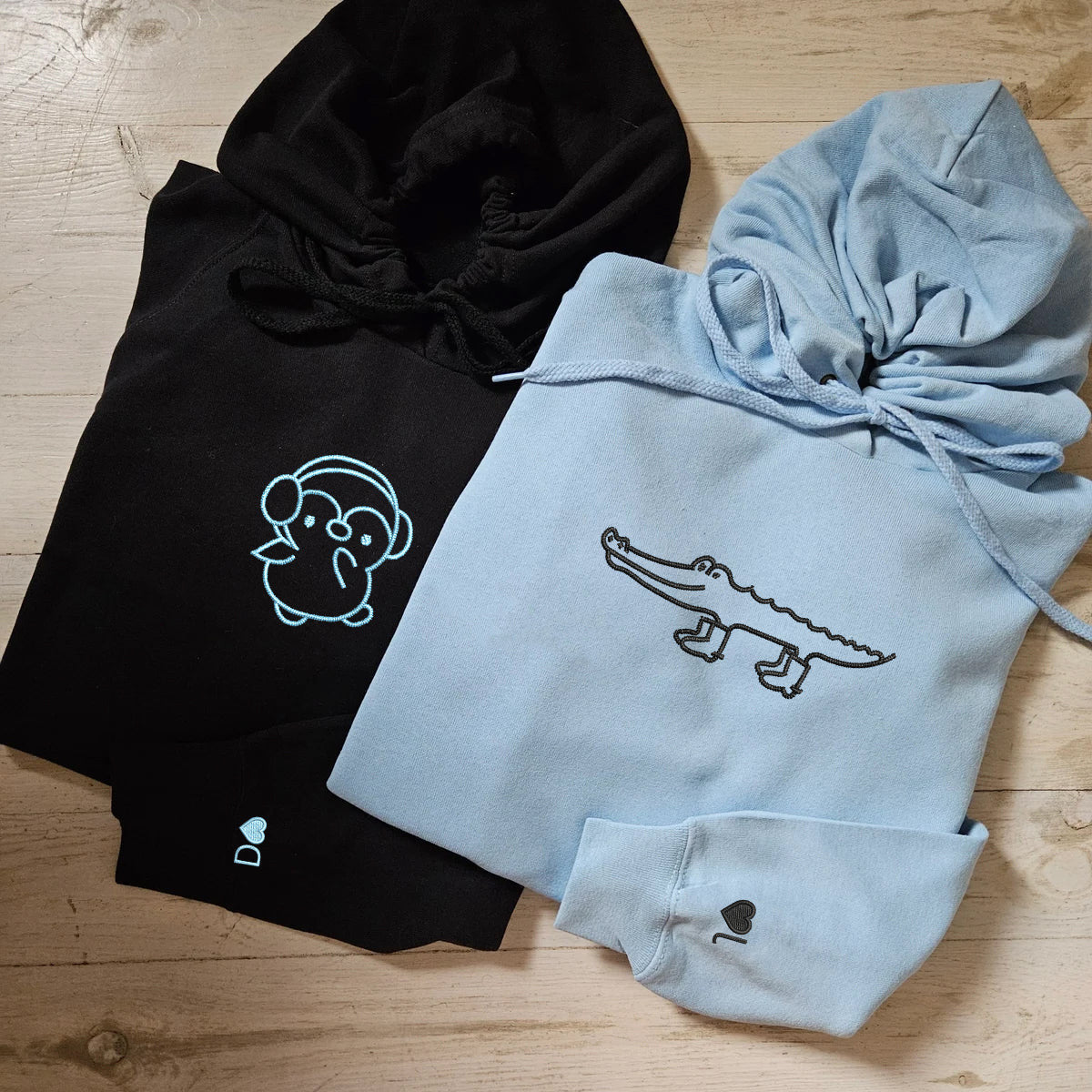 Custom Embroidered Crocodile & Penguin Matching Hoodies for Couples