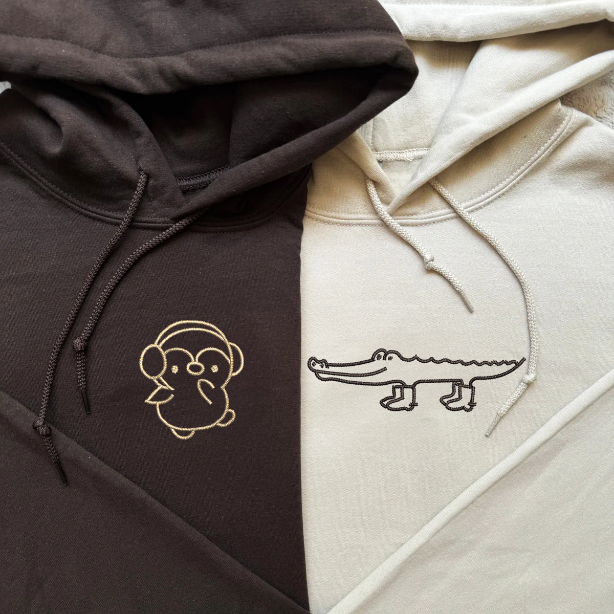 Custom Embroidered Crocodile & Penguin Matching Hoodies for Couples