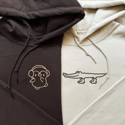 Custom Embroidered Crocodile & Penguin Matching Hoodies for Couples