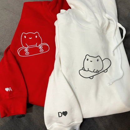 Custom Embroidered Cute Frog Skateboards Matching Hoodies for Couples
