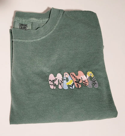 Embroidered Mama Comfort Colors T-Shirt, Pocket Design Flower Embroidered T-Shirt, Mother Gift