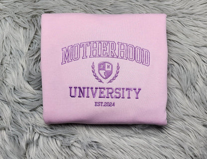 Motherhood University Embroidered Crewneck - Funny Mom Crewneck - Cute Embroidered Crewneck - Crewneck T-Shirt, Sweatshirt or Hoodie