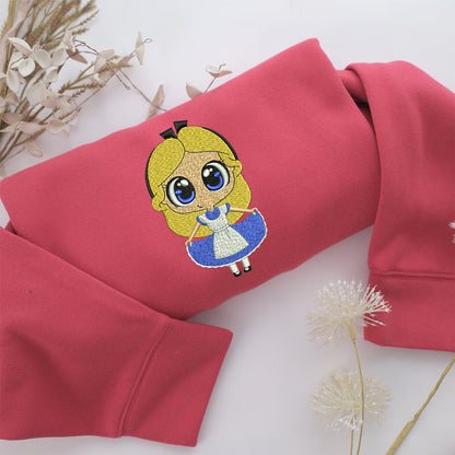 Chibi Alice Embroidery, Disneyland Embroidered Sweatshirt, Movie Disney Inspired, Valentine's Day Gifts Idea For Him Her