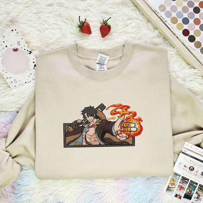 Ace Fire Fingers One Piece Anime Embroidered Shirt