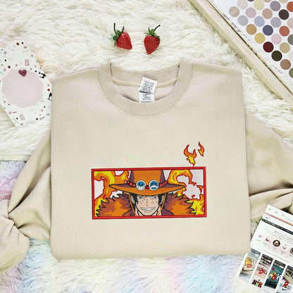 Ace On Fire One Piece Anime Embroidered Shirt