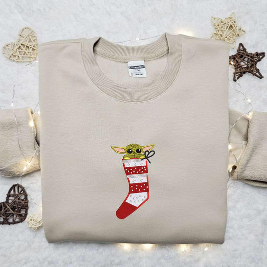 Baby Yoda Hide In Christmas Sock Embroidered Shirt Christmas Embroidered Hoodie Best Gifts For Family