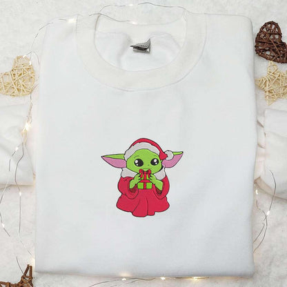Baby Yoda With Christmas Gift Embroidered Shirt Christmas Embroidered Hoodie Best Gifts For Family