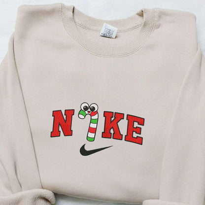 Candy Cane x Nike Christmas Embroidered Sweatshirt Cartoon Christmas Embroidered Shirt Best Christmas Gift Ideas
