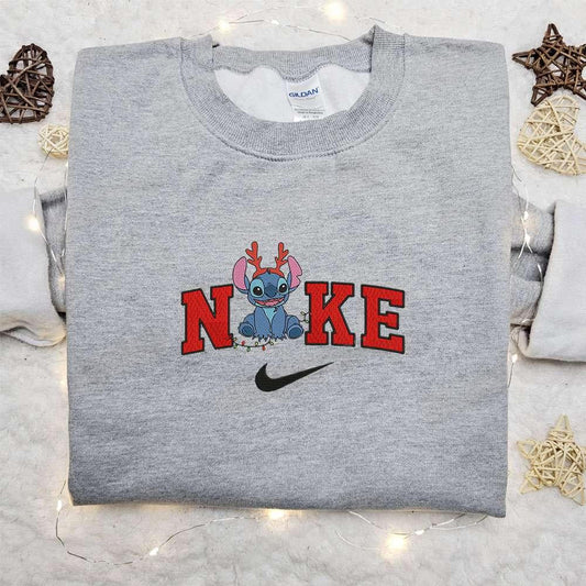 Stitch Reinder Disney Xmas x Nike Embroidered Sweatshirt Movie Christmas Embroidered Shirt Best Christmas Gift Ideas