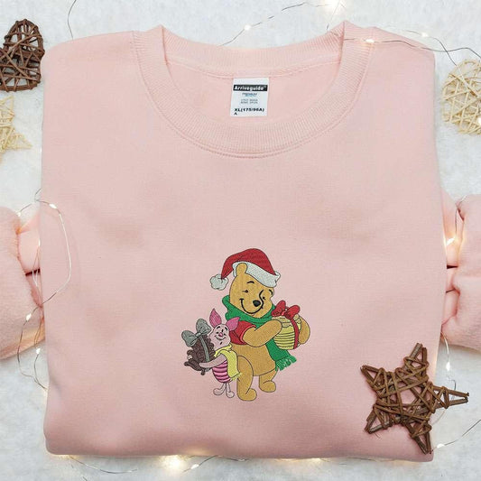 Winnie The Pooh And Piglet Xmas Embroidered Shirt Disney Characters Embroidered Hoodie Christmas Embroidered Shirt