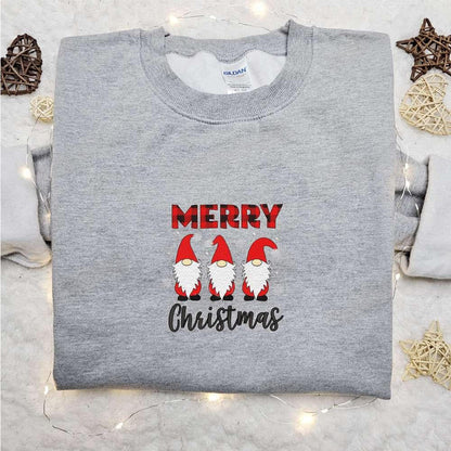 Three Gnomes Merry Christmas Plaid Embroidered Shirt Christmas Embroidered Hoodie Best Christmas Gifts For Family