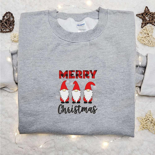 Three Gnomes Merry Christmas Plaid Embroidered Shirt Christmas Embroidered Hoodie Best Christmas Gifts For Family