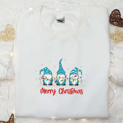 Three Winter Gnomes With Lights Embroidered Shirt Christmas Embroidered Shirt Best Christmas Gift Ideas For Family
