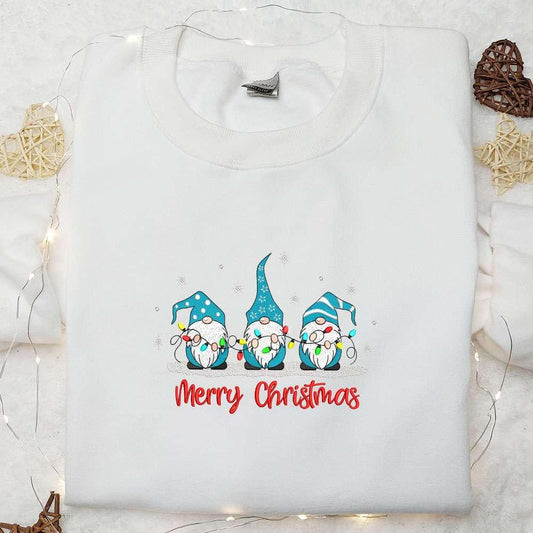 Three Winter Gnomes With Lights Embroidered Shirt Christmas Embroidered Shirt Best Christmas Gift Ideas For Family