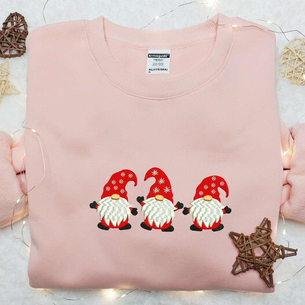 Three Mini Gnomes Embroidered Hoodie Cute Christmas Embroidered Hoodie Best Christmas Gift Ideas