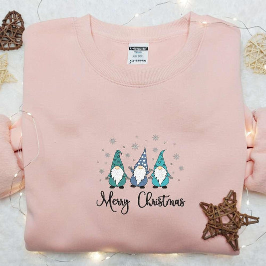 Three Gnomes Blue Merry Christmas Snow Embroidered Shirt Christmas Embroidered Hoodie Best Christmas Gifts For Family