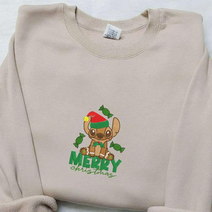 Stitch Gingerbread Merry Christmas Embroidered Shirt Disney Characters Embroidered Hoodie Christmas Embroidered Sweatshirt