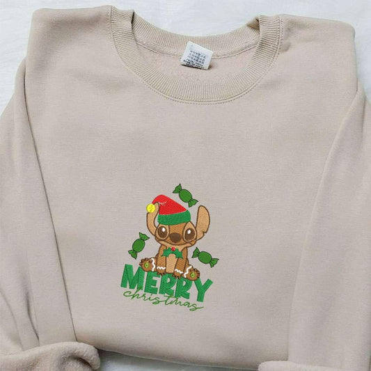 Stitch Gingerbread Merry Christmas Embroidered Shirt Disney Characters Embroidered Hoodie Christmas Embroidered Sweatshirt