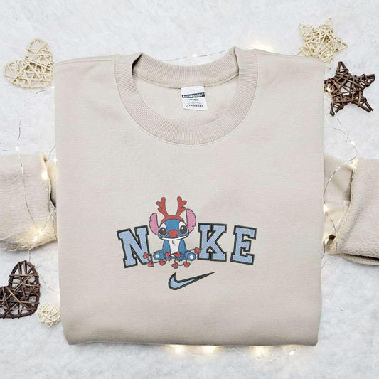 Stitch Reinder x Nike Christmas Embroidered Sweatshirt Disney Movie Christmas Embroidered Shirt Best Christmas Gift Ideas
