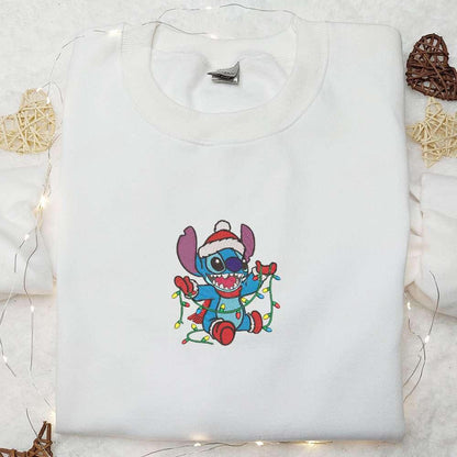 Stitch With Christmas Lights Embroidered Shirt Disney Characters Embroidered Hoodie Christmas Embroidered Shirt