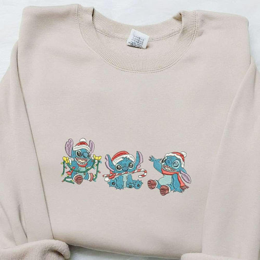 Stitch Xmas Embroidered Shirt Disney Characters Embroidered Hoodie Christmas Embroidered Shirt