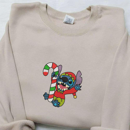 Stitch Elf With Candy Cane Embroidered Shirt Disney Characters Embroidered Hoodie Christmas Embroidered Sweatshirt