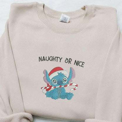 Stitch Naughty Or Nice Candy Cane Embroidered Shirt Disney Characters Embroidered Hoodie Best Christmas Gifts For Family