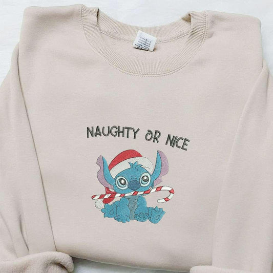 Stitch Naughty Or Nice Candy Cane Embroidered Shirt Disney Characters Embroidered Hoodie Best Christmas Gifts For Family