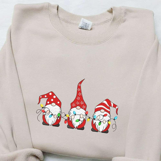Three Cute Gnomes Christmas Lights Embroidered Hoodie Christmas Embroidered Hoodie Best Christmas Gift Ideas For Family