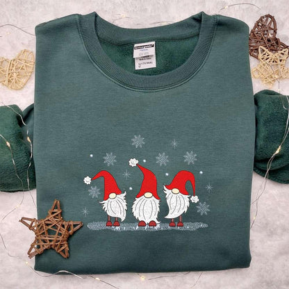 Three Gnomes Snow Embroidered Hoodie Cute Christmas Embroidered T shirt Best Christmas Gift Ideas For Family