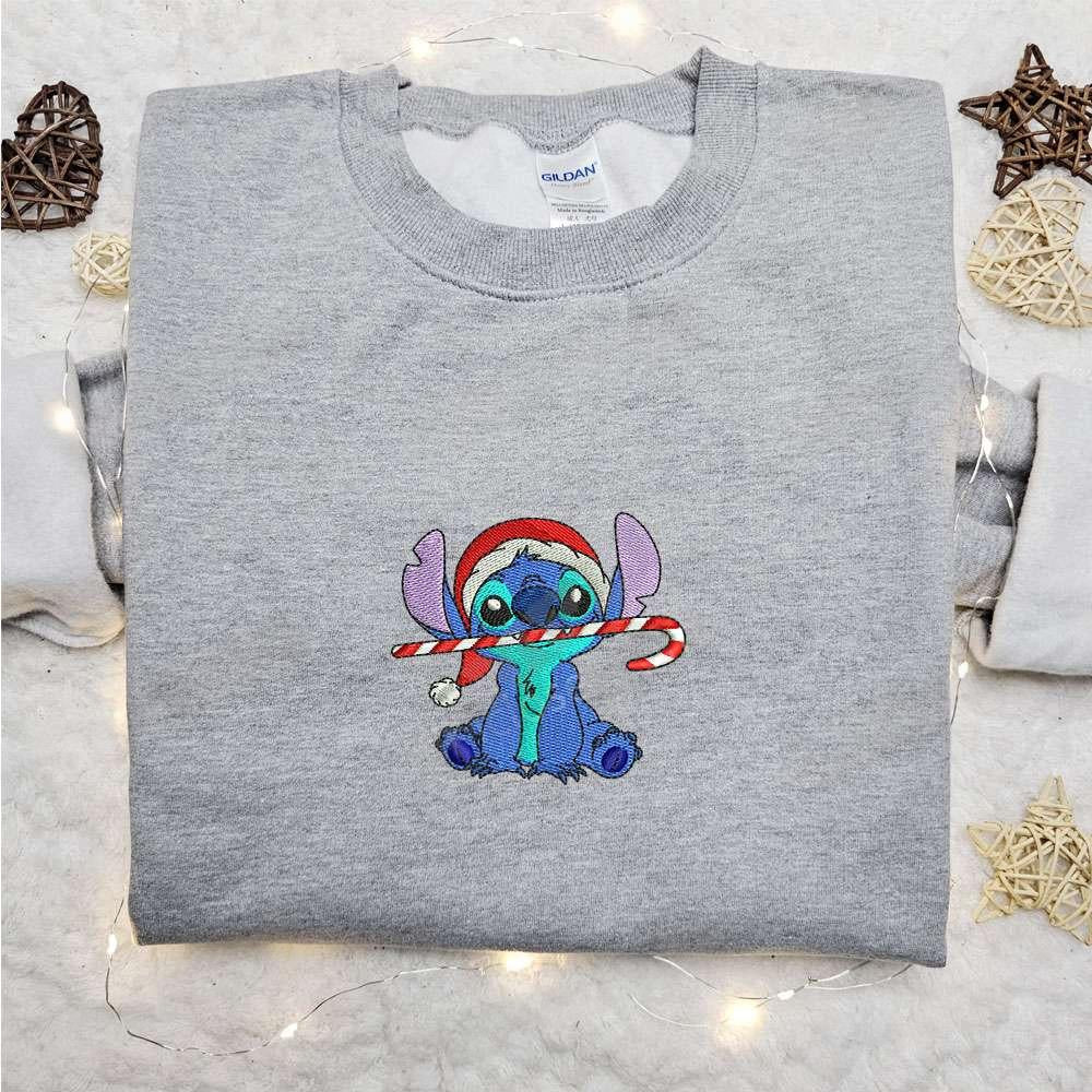 Stitch With Candy Cane Embroidered Shirt Disney Characters Embroidered Hoodie Christmas Embroidered Shirt